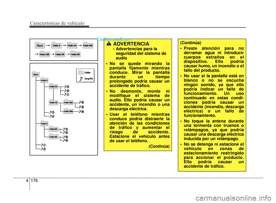 Hyundai Santa Fe Sport 2018 Manual del propietario (in Spanish) CaracterÃsticas de vehÃculo
176
4
ADVERTENCIA
- Advertencias para la
seguridad del sistema de
audio
No se quede mirando la pantalla fijamente mientras
conduce. Mirar la pantalla
durante un tiempo
p Hyundai Santa Fe Sport 2018 Manual del propietario (in Spanish) CaracterÃsticas de vehÃculo
176
4
ADVERTENCIA
- Advertencias para la
seguridad del sistema de
audio
No se quede mirando la pantalla fijamente mientras
conduce. Mirar la pantalla
durante un tiempo
p