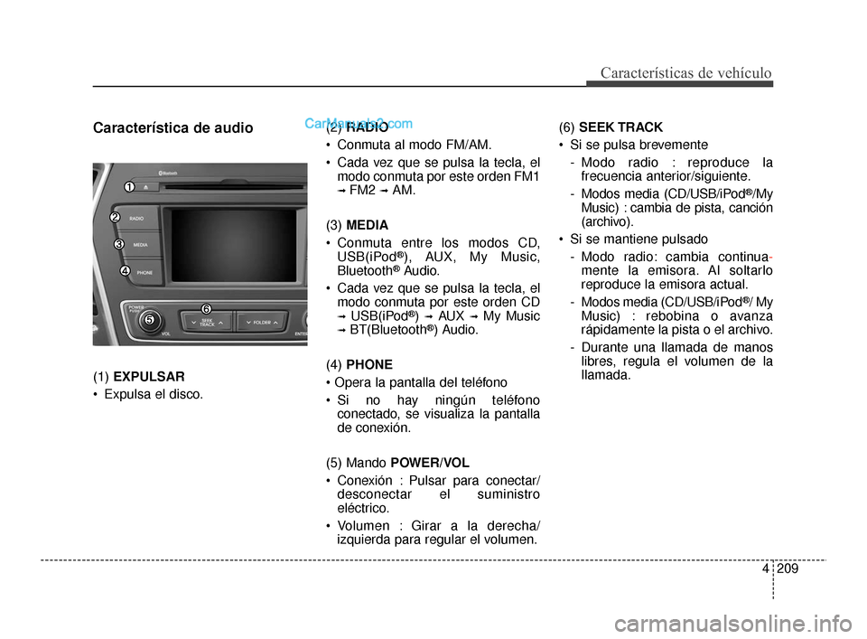 Hyundai Santa Fe Sport 2018  Manual del propietario (in Spanish) 4209
Características de vehículo
Característica de audio
(1) EXPULSAR
 Expulsa el disco. (2) 
RADIO
 Conmuta al modo FM/AM.
 Cada vez que se pulsa la tecla, el modo conmuta por este orden FM1
➟ F