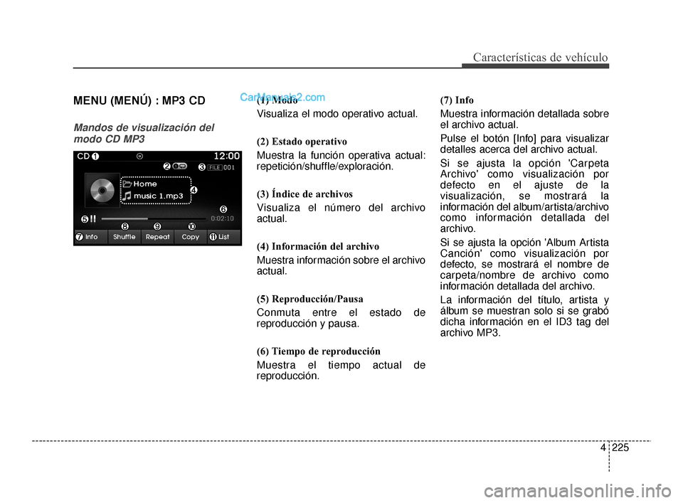 Hyundai Santa Fe Sport 2018  Manual del propietario (in Spanish) 4225
Características de vehículo
MENU (MENÚ) : MP3 CD
Mandos de visualización delmodo CD MP3
(1) Modo
Visualiza el modo operativo actual.
(2) Estado operativo
Muestra la función operativa actual: