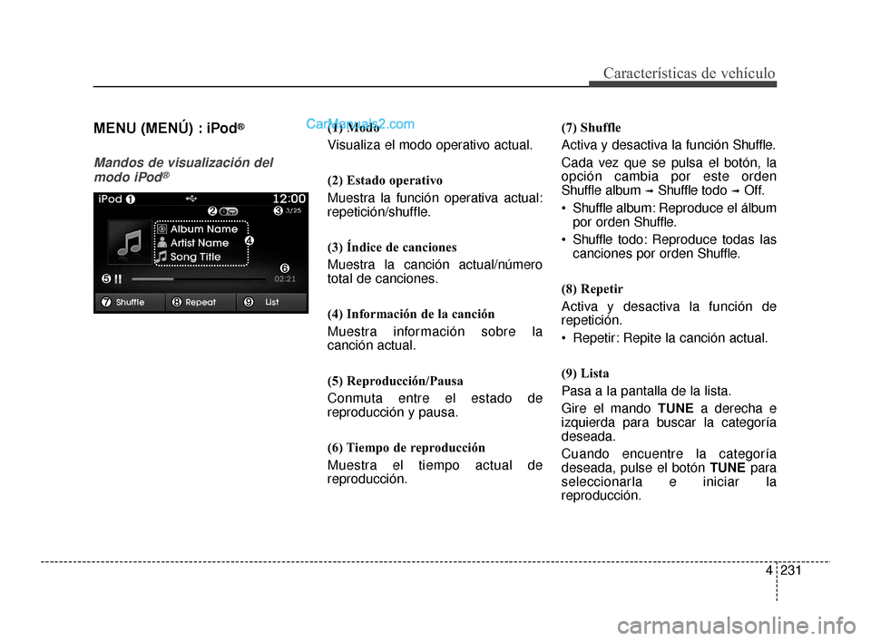 Hyundai Santa Fe Sport 2018  Manual del propietario (in Spanish) 4231
Características de vehículo
MENU (MENÚ) : iPod®
Mandos de visualización delmodo iPod®
(1) Modo
Visualiza el modo operativo actual.
(2) Estado operativo
Muestra la función operativa actual: