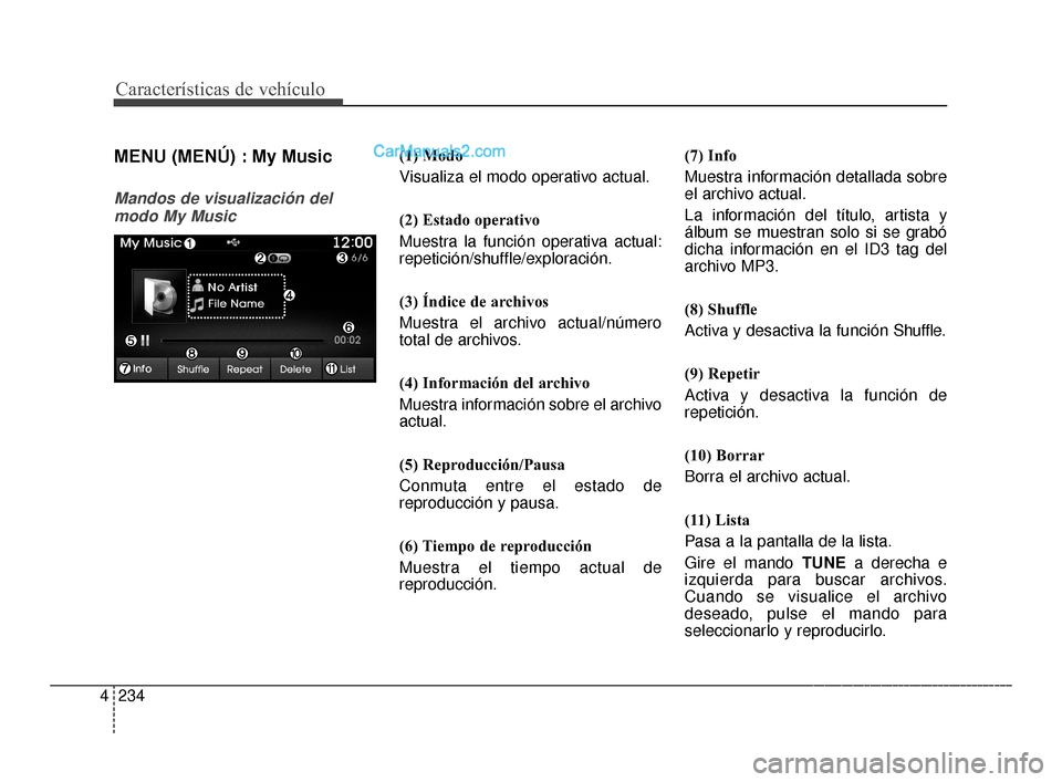 Hyundai Santa Fe Sport 2018  Manual del propietario (in Spanish) Características de vehículo
234
4
MENU (MENÚ) : My Music
Mandos de visualización del
modo My Music
(1) Modo
Visualiza el modo operativo actual.
(2) Estado operativo
Muestra la función operativa a