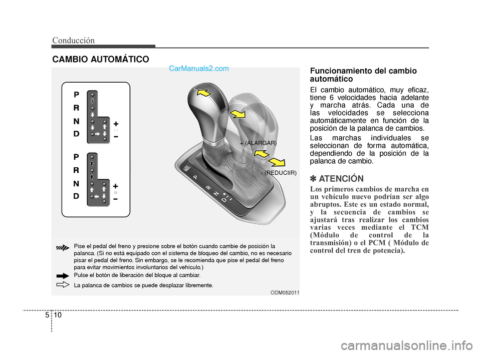 Hyundai Santa Fe Sport 2018 Manual del propietario (in Spanish) Conducción
10
5
Funcionamiento del cambio
automático
El cambio automático, muy eficaz,
tiene 6 velocidades hacia adelante
y marcha atrás. Cada una de
las velocidades se selecciona
automáticamen Hyundai Santa Fe Sport 2018 Manual del propietario (in Spanish) Conducción
10
5
Funcionamiento del cambio
automático
El cambio automático, muy eficaz,
tiene 6 velocidades hacia adelante
y marcha atrás. Cada una de
las velocidades se selecciona
automáticamen