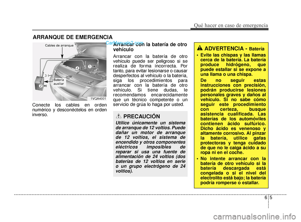 Hyundai Santa Fe Sport 2018 Manual del propietario (in Spanish) 65
Qué hacer en caso de emergencia
ARRANQUE DE EMERGENCIA
Conecte los cables en orden
numérico y desconéctelos en orden
inverso.
Arrancar con la batería de otro
vehículo
Arrancar con la batería Hyundai Santa Fe Sport 2018 Manual del propietario (in Spanish) 65
Qué hacer en caso de emergencia
ARRANQUE DE EMERGENCIA
Conecte los cables en orden
numérico y desconéctelos en orden
inverso.
Arrancar con la batería de otro
vehículo
Arrancar con la batería