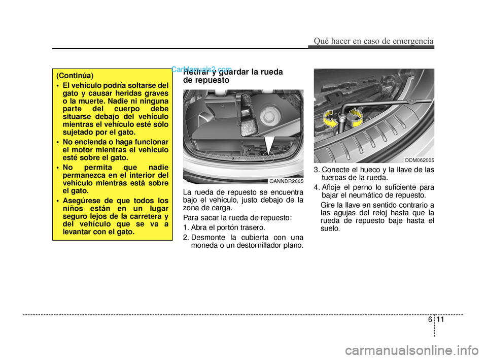 Hyundai Santa Fe Sport 2018 Manual del propietario (in Spanish) 611
Qué hacer en caso de emergencia
Retirar y guardar la rueda
de repuesto
La rueda de repuesto se encuentra
bajo el vehículo, justo debajo de la
zona de carga.
Para sacar la rueda de repuesto:
1. Hyundai Santa Fe Sport 2018 Manual del propietario (in Spanish) 611
Qué hacer en caso de emergencia
Retirar y guardar la rueda
de repuesto
La rueda de repuesto se encuentra
bajo el vehículo, justo debajo de la
zona de carga.
Para sacar la rueda de repuesto:
1.
