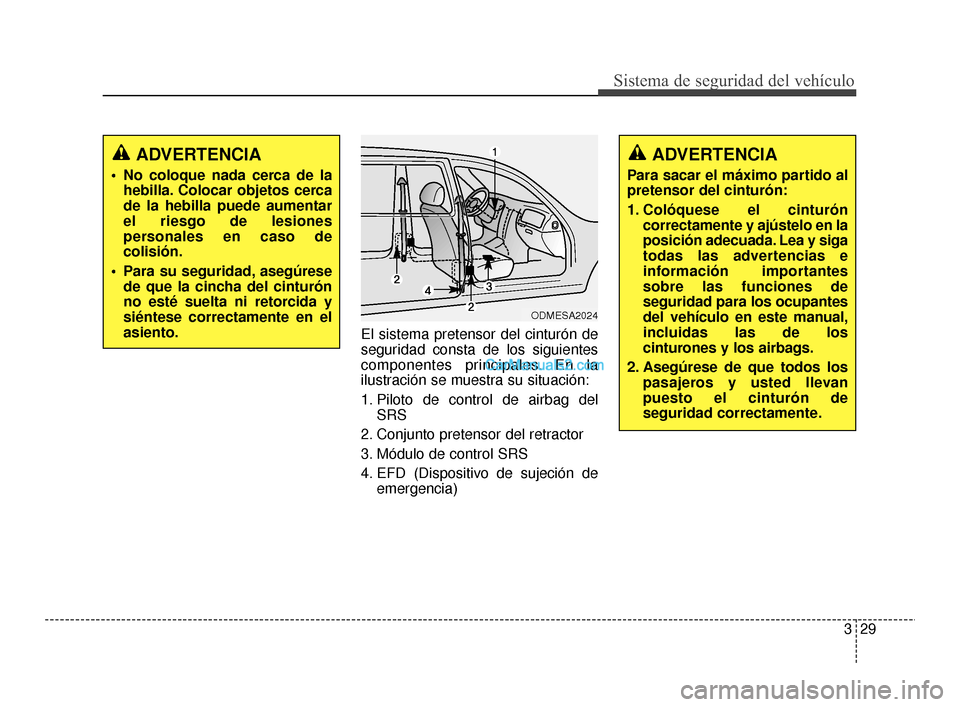 Hyundai Santa Fe Sport 2018  Manual del propietario (in Spanish) 329
Sistema de seguridad del vehículo
El sistema pretensor del cinturón de
seguridad consta de los siguientes
componentes principales. En la
ilustración se muestra su situación:
1. Piloto de contr