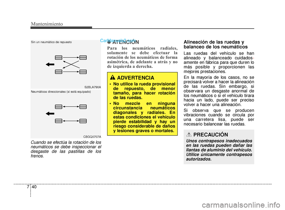Hyundai Santa Fe Sport 2018  Manual del propietario (in Spanish) Mantenimiento
40
7
Cuando se efectúa la rotación de los
neumáticos se debe inspeccionar eldesgaste de las pastillas de losfrenos.
✽
✽ ATENCIÓN
Para los neumáticos radiales,
solamente se debe 