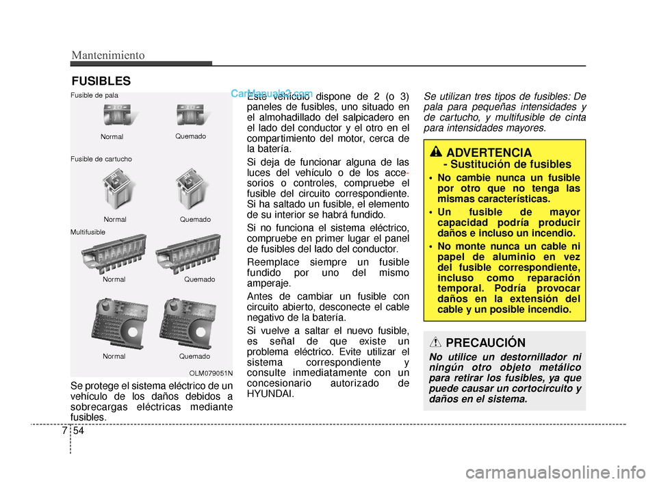 Hyundai Santa Fe Sport 2018  Manual del propietario (in Spanish) Mantenimiento
54
7
FUSIBLES
Se protege el sistema eléctrico de un
vehículo de los daños debidos a
sobrecargas eléctricas mediante
fusibles. Este vehículo dispone de 2 (o 3)
paneles de fusibles, u