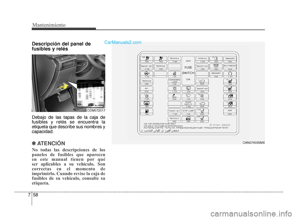 Hyundai Santa Fe Sport 2018 Manual del propietario (in Spanish) Mantenimiento
58
7
Descripción del panel de
fusibles y relés
Debajo de las tapas de la caja de
fusibles y relés se encuentra la
etiqueta que describe sus nombres y
capacidad.
✽ ✽
ATENCIÓN
No t Hyundai Santa Fe Sport 2018 Manual del propietario (in Spanish) Mantenimiento
58
7
Descripción del panel de
fusibles y relés
Debajo de las tapas de la caja de
fusibles y relés se encuentra la
etiqueta que describe sus nombres y
capacidad.
✽ ✽
ATENCIÓN
No t