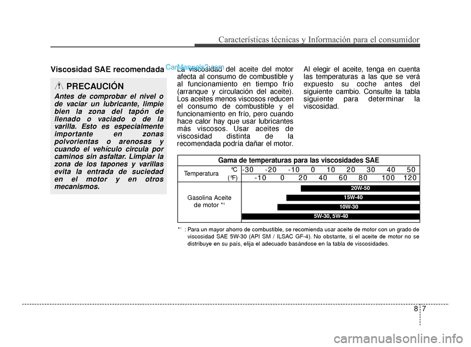 Hyundai Santa Fe Sport 2018 Manual del propietario (in Spanish) Viscosidad SAE recomendadaLa viscosidad del aceite del motor
afecta al consumo de combustible y
al funcionamiento en tiempo frío
(arranque y circulación del aceite).
Los aceites menos viscosos reduc Hyundai Santa Fe Sport 2018 Manual del propietario (in Spanish) Viscosidad SAE recomendadaLa viscosidad del aceite del motor
afecta al consumo de combustible y
al funcionamiento en tiempo frío
(arranque y circulación del aceite).
Los aceites menos viscosos reduc