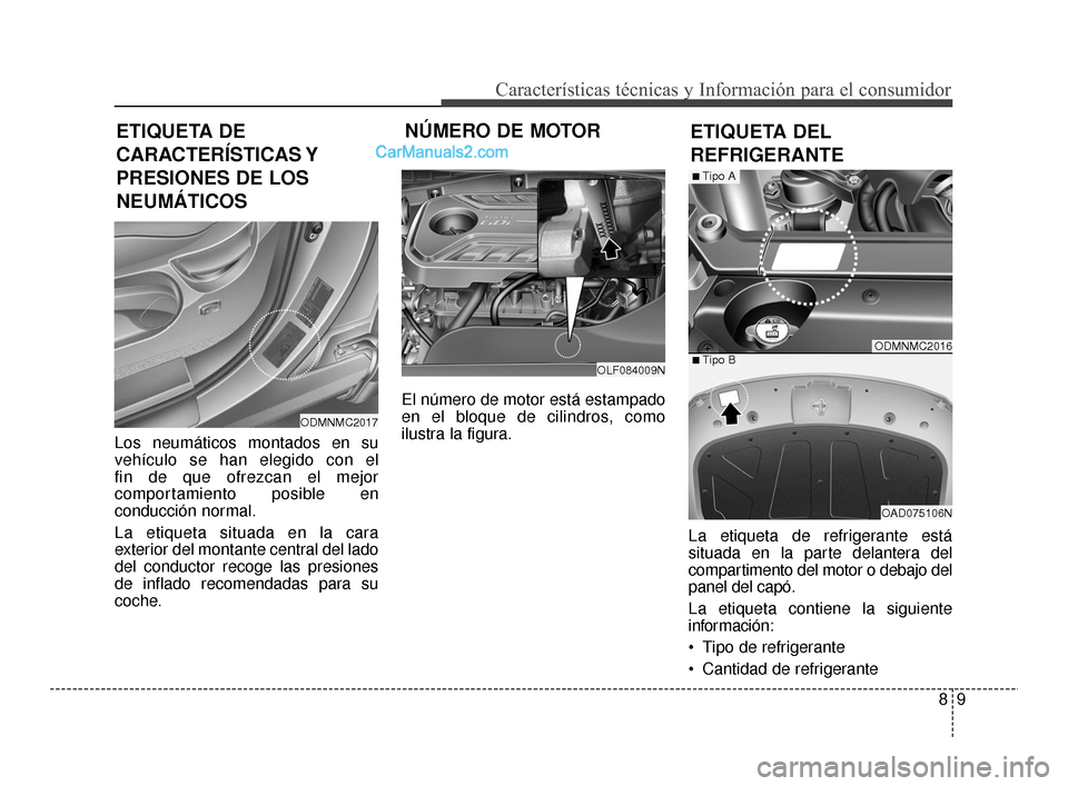 Hyundai Santa Fe Sport 2018 Manual del propietario (in Spanish) 89
Características técnicas y Información para el consumidor
ETIQUETA DEL
REFRIGERANTE
ETIQUETA DE
CARACTERÍSTICAS Y
PRESIONES DE LOS
NEUMÁTICOS NÚMERO DE MOTOR
Los neumáticos montados en su
ve Hyundai Santa Fe Sport 2018 Manual del propietario (in Spanish) 89
Características técnicas y Información para el consumidor
ETIQUETA DEL
REFRIGERANTE
ETIQUETA DE
CARACTERÍSTICAS Y
PRESIONES DE LOS
NEUMÁTICOS NÚMERO DE MOTOR
Los neumáticos montados en su
ve