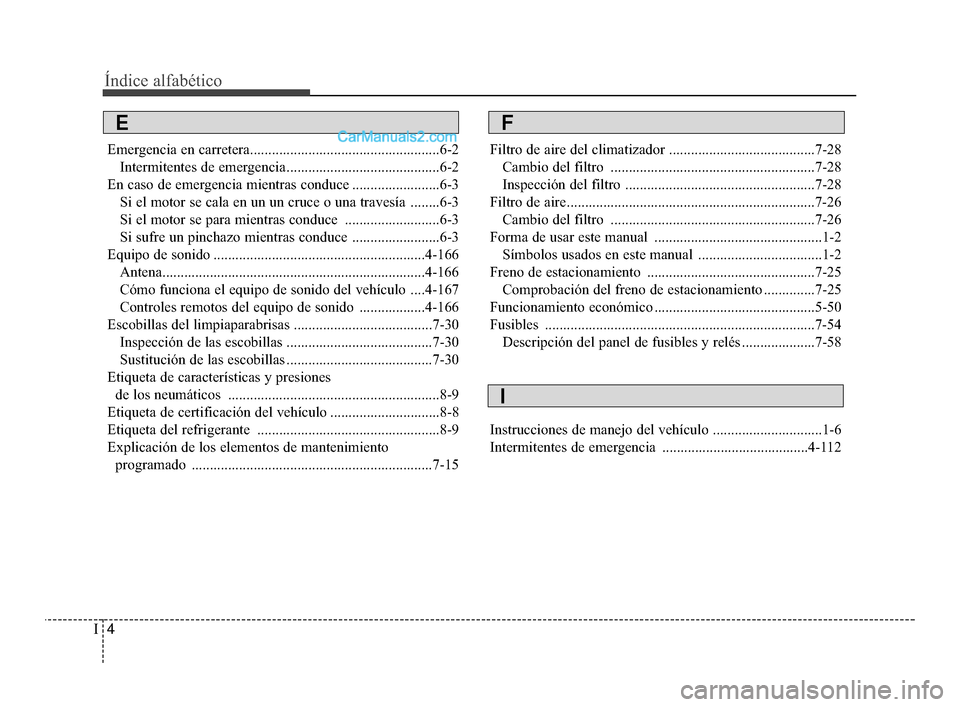 Hyundai Santa Fe Sport 2018 Manual del propietario (in Spanish) Índice alfabético
4I
Emergencia en carretera....................................................6-2Intermitentes de emergencia ..........................................6-2
En caso de emergencia mie Hyundai Santa Fe Sport 2018 Manual del propietario (in Spanish) Índice alfabético
4I
Emergencia en carretera....................................................6-2Intermitentes de emergencia ..........................................6-2
En caso de emergencia mie