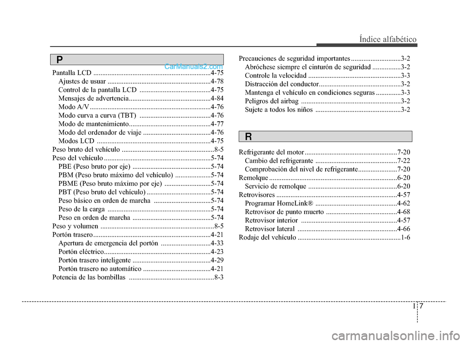 Hyundai Santa Fe Sport 2018  Manual del propietario (in Spanish) I7
Índice alfabético
Pantalla LCD ..................................................................4-75Ajustes de usuar ..........................................................4-78
Control de la 