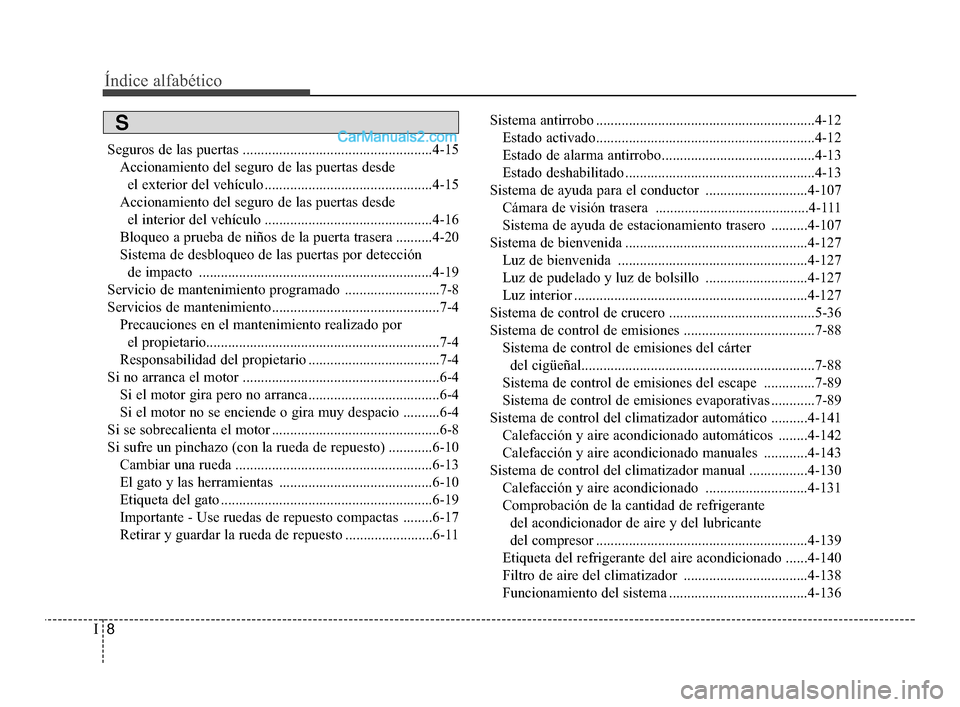 Hyundai Santa Fe Sport 2018  Manual del propietario (in Spanish) Índice alfabético
8I
Seguros de las puertas ....................................................4-15Accionamiento del seguro de las puertas desde el exterior del vehículo ..........................