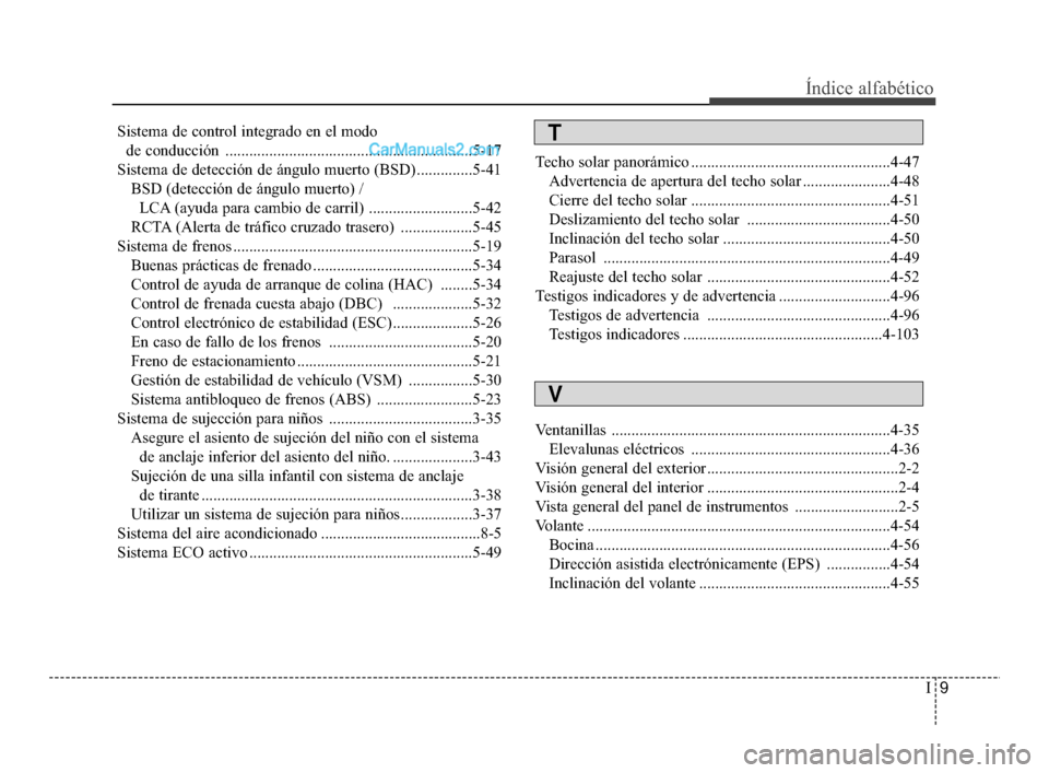 Hyundai Santa Fe Sport 2018 Manual del propietario (in Spanish) I9
Índice alfabético
Sistema de control integrado en el modo de conducción ..............................................................5-17
Sistema de detección de ángulo muerto (BSD) ......... Hyundai Santa Fe Sport 2018 Manual del propietario (in Spanish) I9
Índice alfabético
Sistema de control integrado en el modo de conducción ..............................................................5-17
Sistema de detección de ángulo muerto (BSD) .........