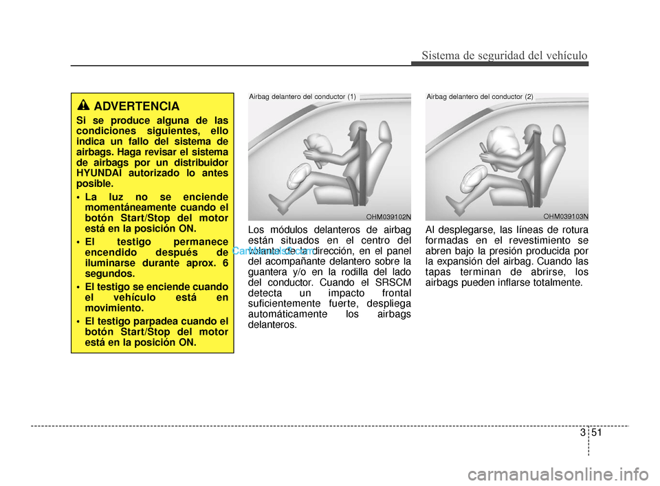 Hyundai Santa Fe Sport 2018 Manual del propietario (in Spanish) 351
Sistema de seguridad del vehículo
Los módulos delanteros de airbag
están situados en el centro del
volante de la dirección, en el panel
del acompañante delantero sobre la
guantera y/o en la r Hyundai Santa Fe Sport 2018 Manual del propietario (in Spanish) 351
Sistema de seguridad del vehículo
Los módulos delanteros de airbag
están situados en el centro del
volante de la dirección, en el panel
del acompañante delantero sobre la
guantera y/o en la r