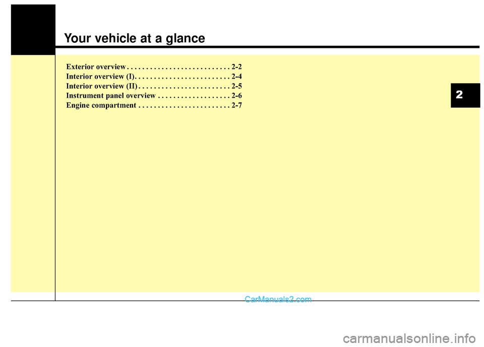 Hyundai Santa Fe Sport 2017 User Guide Exterior overview I . . . . . . . . . . . . . . . . . . . . . . . . . 2-2
Exterior overview II. . . . . . . . . . . . . . . . . . . . . . . . . 2-3
Interior overview . . . . . . . . . . . . . . . . . 