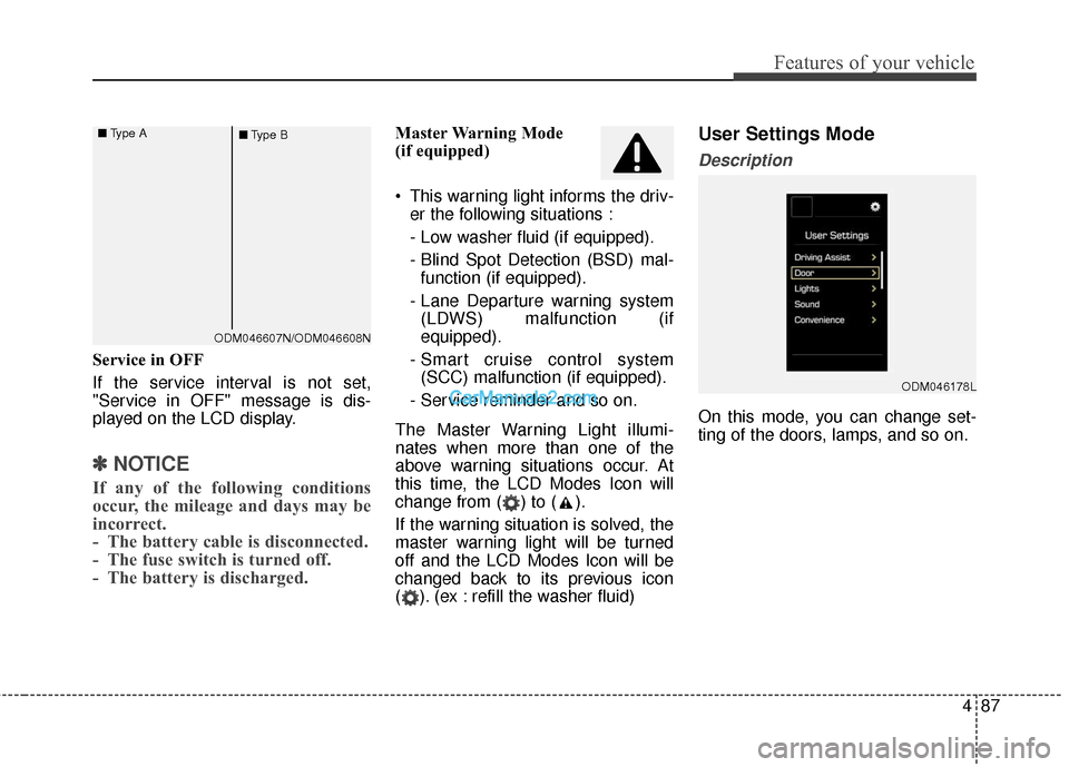 Hyundai Santa Fe Sport 2017  Owners Manual 487
Features of your vehicle
Service in OFF
If the service interval is not set,
"Service in OFF" message is dis-
played on the LCD display.
✽ ✽NOTICE 
If any of the following conditions
occur, the