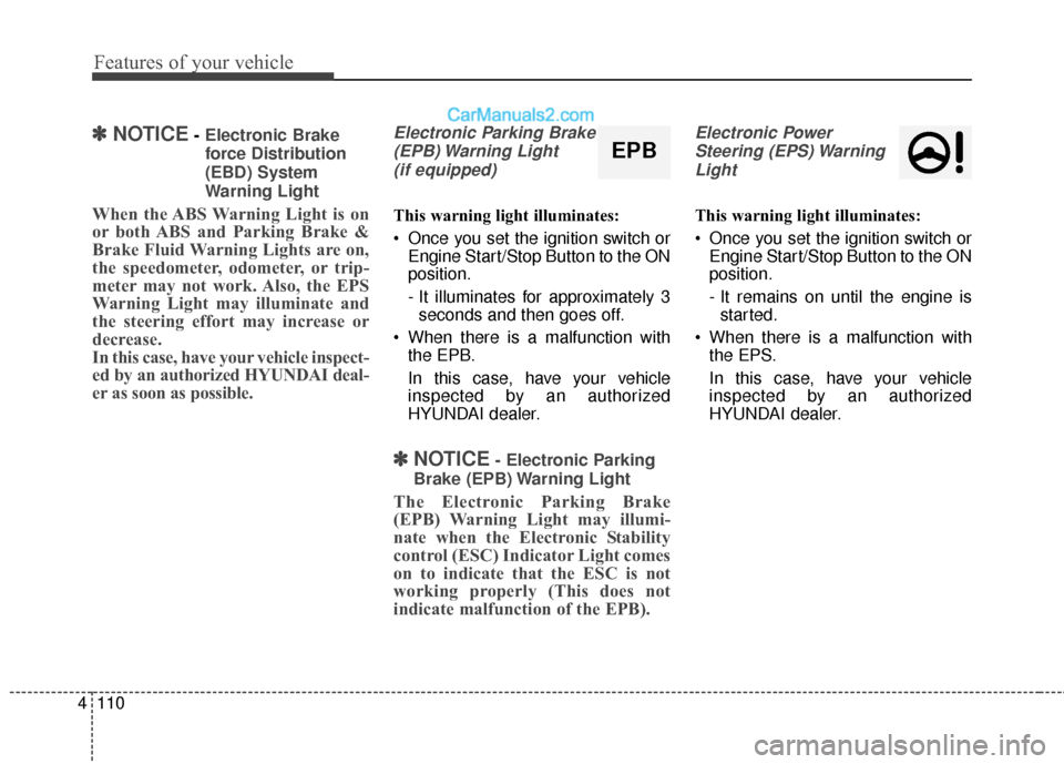 Hyundai Santa Fe Sport 2017  Owners Manual Features of your vehicle
110
4
✽
✽
NOTICE- Electronic Brake
force Distribution
(EBD) System
Warning Light
When the ABS Warning Light is on
or both ABS and Parking Brake &
Brake Fluid Warning Light