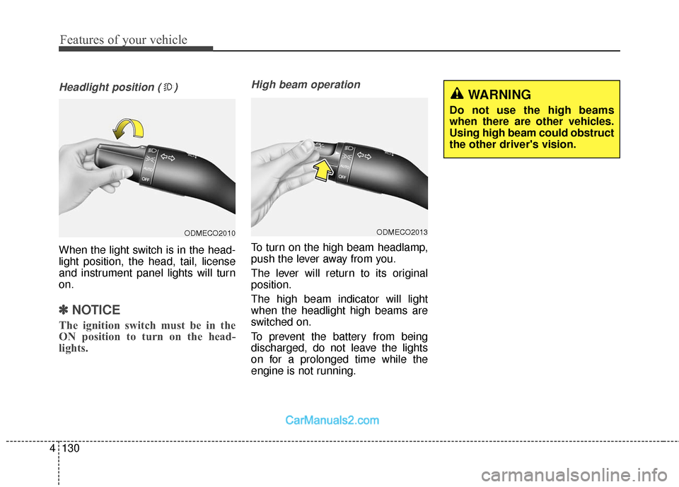 Hyundai Santa Fe Sport 2017  Owners Manual Features of your vehicle
130
4
Headlight position ( )
When the light switch is in the head-
light position, the head, tail, license
and instrument panel lights will turn
on.
✽ ✽
NOTICE
The ignitio