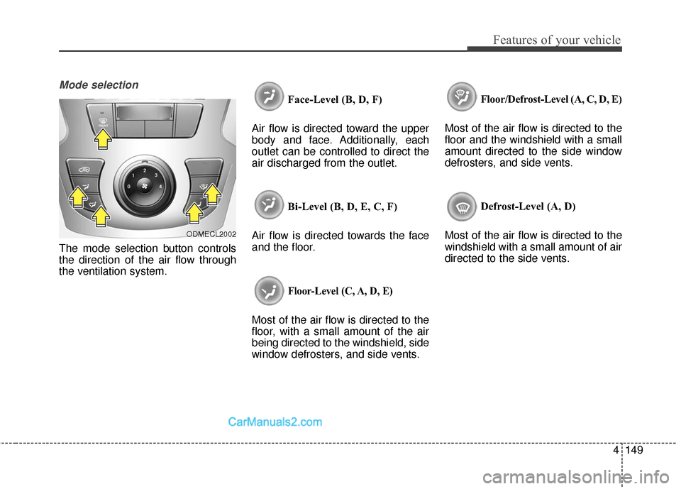Hyundai Santa Fe Sport 2017 Owners Manual 4149
Features of your vehicle
Mode selection
The mode selection button controls
the direction of the air flow through
the ventilation system.Face-Level (B, D, F)
Air flow is directed toward the upper
Hyundai Santa Fe Sport 2017 Owners Manual 4149
Features of your vehicle
Mode selection
The mode selection button controls
the direction of the air flow through
the ventilation system.Face-Level (B, D, F)
Air flow is directed toward the upper