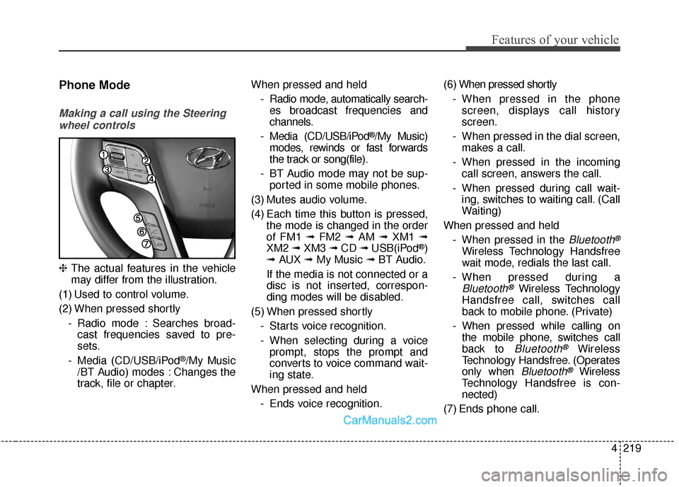 Hyundai Santa Fe Sport 2017  Owners Manual 4219
Features of your vehicle
Phone Mode
Making a call using the Steeringwheel controls
❈ The actual features in the vehicle
may differ from the illustration.
(1) Used to control volume.
(2) When pr