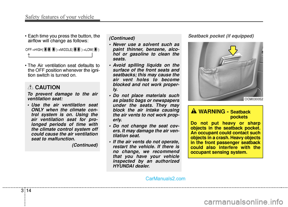 Hyundai Santa Fe Sport 2017  Owners Manual Safety features of your vehicle
14
3

airflow will change as follows:
 the OFF position whenever the igni-
tion switch is turned on.Seatback pocket (if equipped)
OFF→ HIGH( )→ MIDDLE( )→LOW( )
�