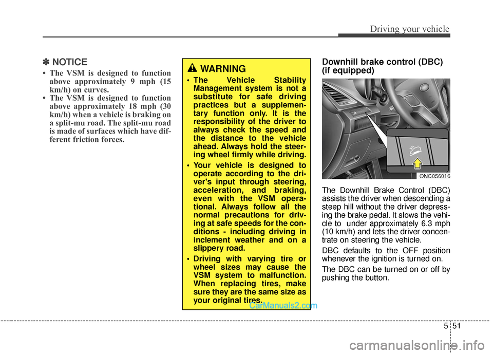 Hyundai Santa Fe Sport 2017 Owners Manual 551
Driving your vehicle
✽
✽NOTICE
• The VSM is designed to function
above approximately 9 mph (15
km/h) on curves.
• The VSM is designed to function above approximately 18 mph (30
km/h) when Hyundai Santa Fe Sport 2017 Owners Manual 551
Driving your vehicle
✽
✽NOTICE
• The VSM is designed to function
above approximately 9 mph (15
km/h) on curves.
• The VSM is designed to function above approximately 18 mph (30
km/h) when