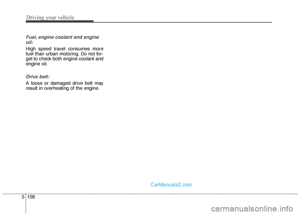 Hyundai Santa Fe Sport 2017  Owners Manual Driving your vehicle
108
5
Fuel, engine coolant and engine
oil:
High speed travel consumes more
fuel than urban motoring. Do not for-
get to check both engine coolant and
engine oil.
Drive belt:
A loo