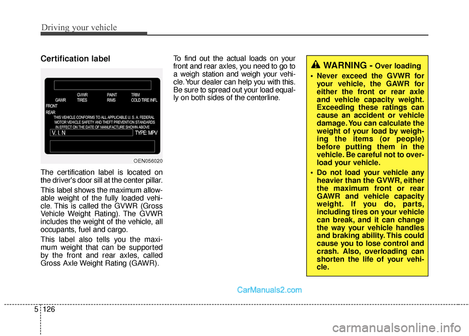 Hyundai Santa Fe Sport 2017 Owners Manual Driving your vehicle
126
5
Certification label
The certification label is located on
the drivers door sill at the center pillar.
This label shows the maximum allow-
able weight of the fully loaded ve Hyundai Santa Fe Sport 2017 Owners Manual Driving your vehicle
126
5
Certification label
The certification label is located on
the drivers door sill at the center pillar.
This label shows the maximum allow-
able weight of the fully loaded ve