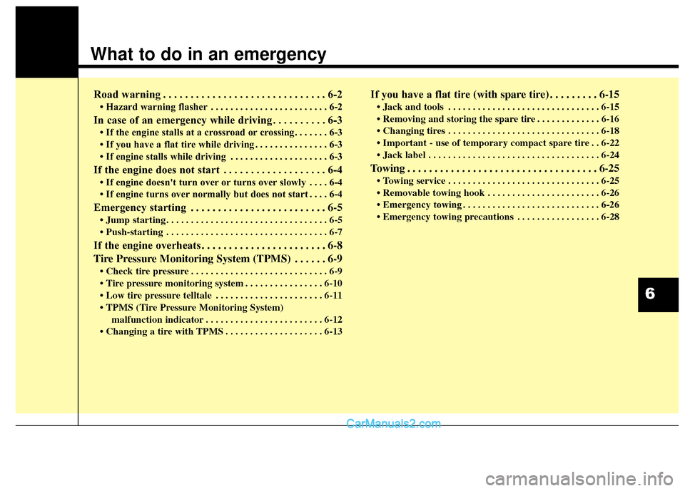 Hyundai Santa Fe Sport 2017  Owners Manual What to do in an emergency
Road warning . . . . . . . . . . . . . . . . . . . . . . . . . . . . . . 6-2
• Hazard warning flasher . . . . . . . . . . . . . . . . . . . . . . . . 6-2
In case of an eme