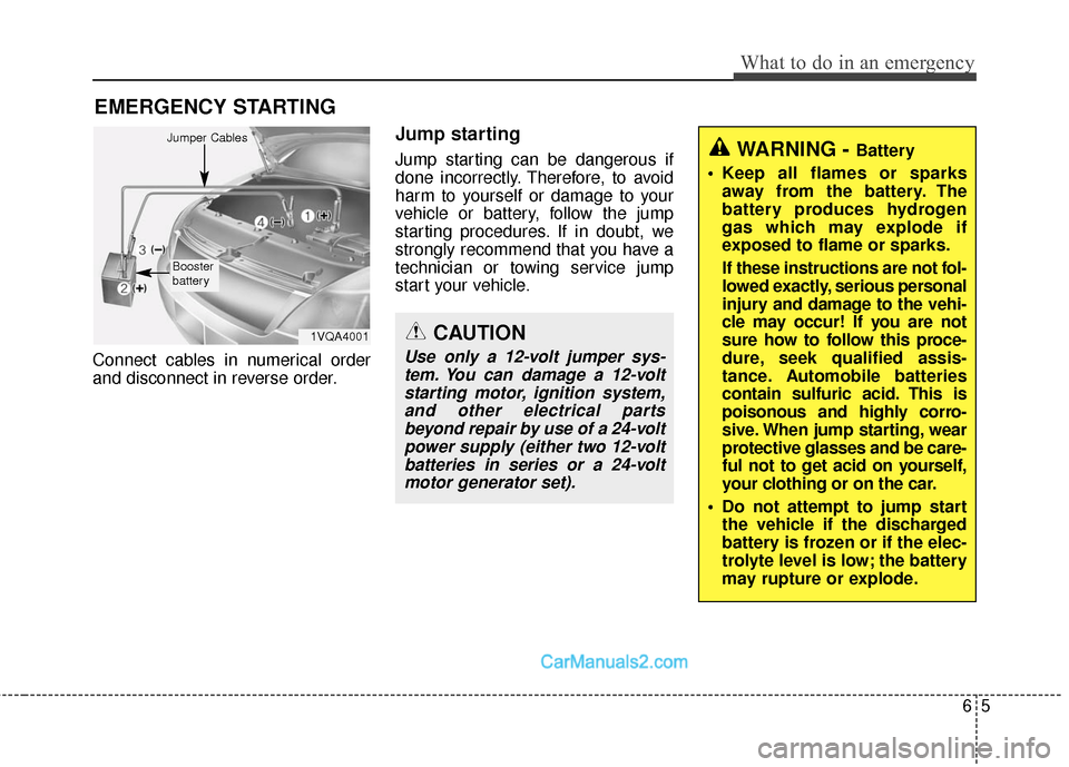 Hyundai Santa Fe Sport 2017  Owners Manual 65
What to do in an emergency
EMERGENCY STARTING
Connect cables in numerical order
and disconnect in reverse order.
Jump starting
Jump starting can be dangerous if
done incorrectly. Therefore, to avoi