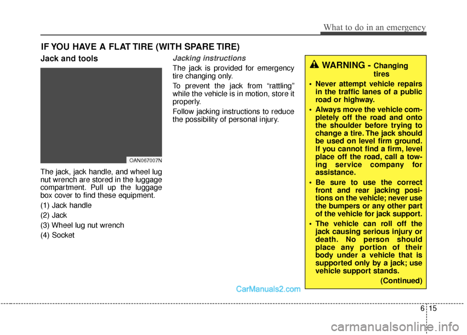 Hyundai Santa Fe Sport 2017  Owners Manual 615
What to do in an emergency
IF YOU HAVE A FLAT TIRE (WITH SPARE TIRE)
Jack and tools
The jack, jack handle, and wheel lug
nut wrench are stored in the luggage
compartment. Pull up the luggage
box c