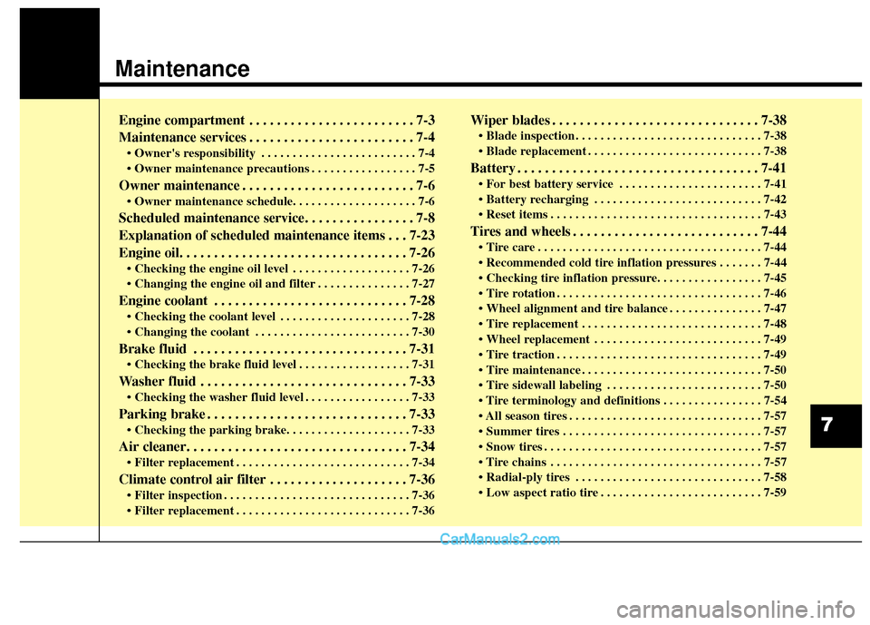 Hyundai Santa Fe Sport 2017  Owners Manual Maintenance
Engine compartment . . . . . . . . . . . . . . . . . . . . . . . . 7-3
Maintenance services . . . . . . . . . . . . . . . . . . . . . . . . 7-4
• Owners responsibility . . . . . . . . .