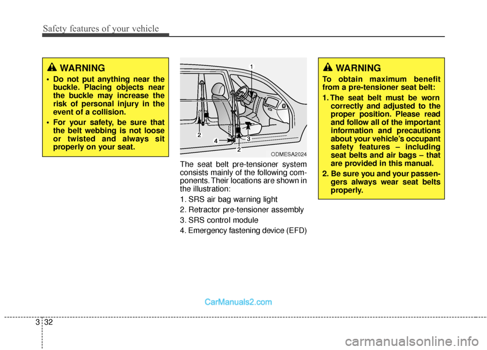 Hyundai Santa Fe Sport 2017  Owners Manual Safety features of your vehicle
32
3
The seat belt pre-tensioner system
consists mainly of the following com-
ponents. Their locations are shown in
the illustration:
1. SRS air bag warning light
2. Re