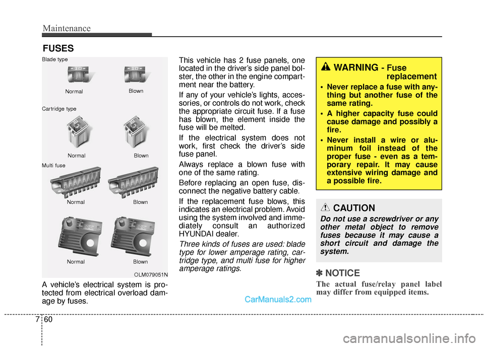 Hyundai Santa Fe Sport 2017  Owners Manual Maintenance
60
7
FUSES
A vehicle’s electrical system is pro-
tected from electrical overload dam-
age by fuses. This vehicle has 2 fuse panels, one
located in the driver’s side panel bol-
ster, th