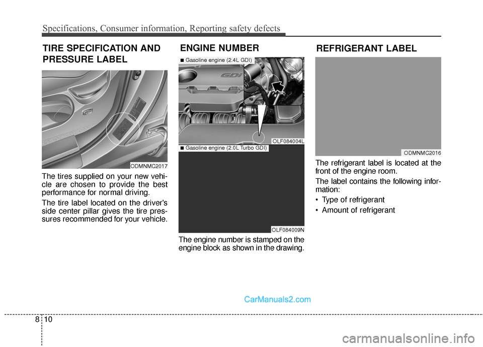 Hyundai Santa Fe Sport 2017  Owners Manual Specifications, Consumer information, Reporting safety defects
10
8
REFRIGERANT LABEL
TIRE SPECIFICATION AND
PRESSURE LABEL ENGINE NUMBER
The tires supplied on your new vehi-
cle are chosen to provide