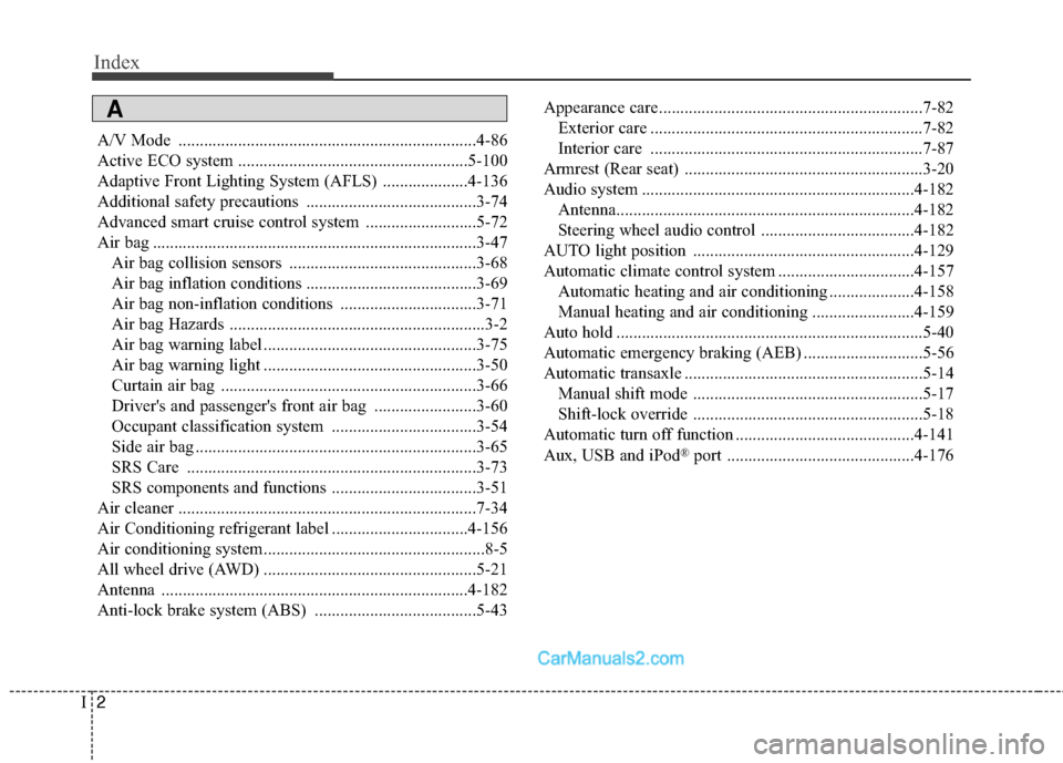 Hyundai Santa Fe Sport 2017  Owners Manual Index
2I
A/V Mode ......................................................................4-\
86
Active ECO system ......................................................5-100
Adaptive Front Lighting Sys