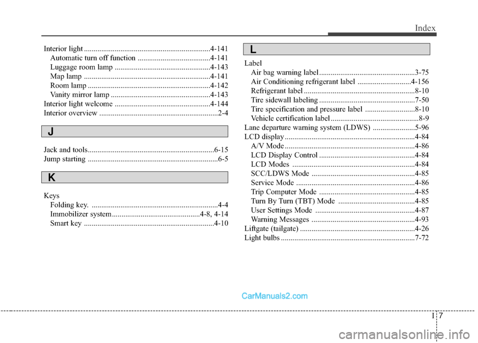 Hyundai Santa Fe Sport 2017  Owners Manual I7
Index
Interior light ..................................................................4-141Automatic turn off function ......................................4-141
Luggage room lamp ...............