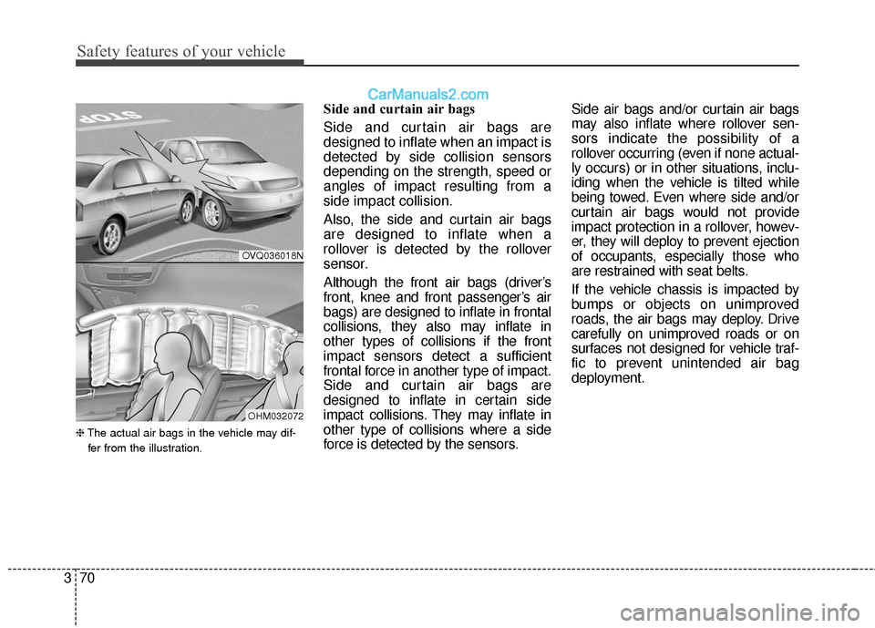 Hyundai Santa Fe Sport 2017 Owners Manual Safety features of your vehicle
70
3
❈ The actual air bags in the vehicle may dif-
fer from the illustration.
Side and curtain air bags
Side and curtain air bags are
designed to inflate when an imp Hyundai Santa Fe Sport 2017 Owners Manual Safety features of your vehicle
70
3
❈ The actual air bags in the vehicle may dif-
fer from the illustration.
Side and curtain air bags
Side and curtain air bags are
designed to inflate when an imp