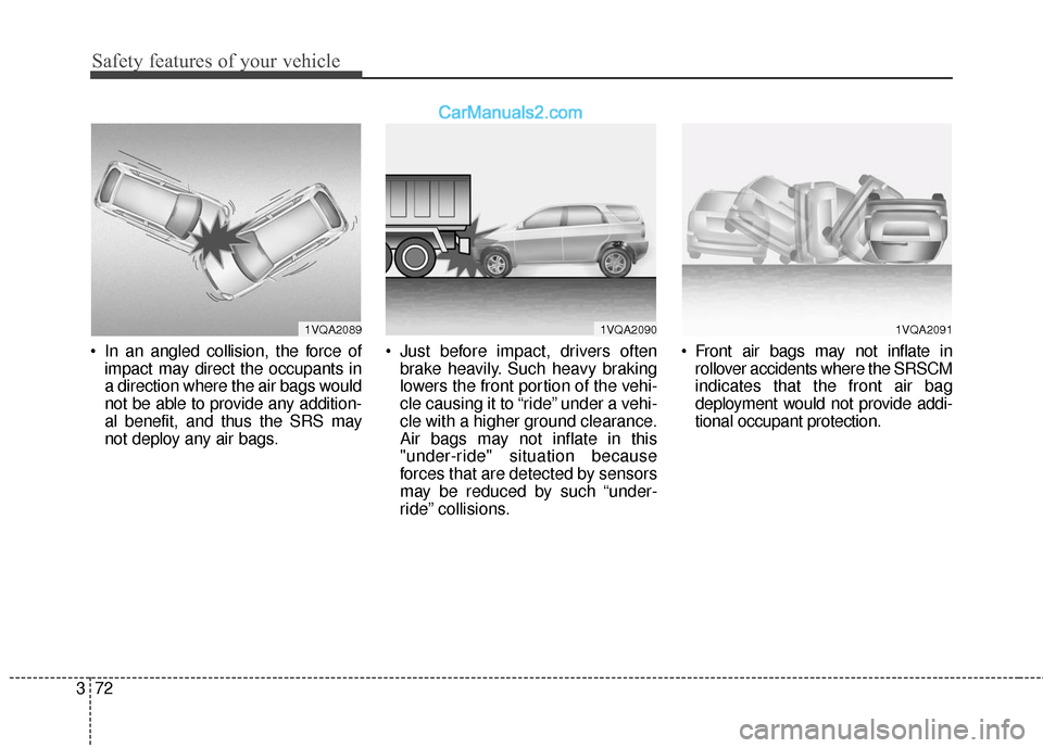 Hyundai Santa Fe Sport 2017 Owners Manual Safety features of your vehicle
72
3
In an angled collision, the force of
impact may direct the occupants in
a direction where the air bags would
not be able to provide any addition-
al benefit, and Hyundai Santa Fe Sport 2017 Owners Manual Safety features of your vehicle
72
3
In an angled collision, the force of
impact may direct the occupants in
a direction where the air bags would
not be able to provide any addition-
al benefit, and