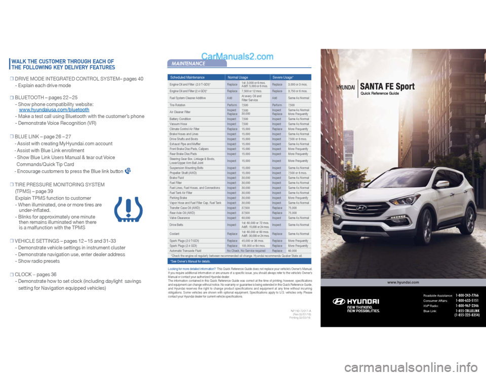 Hyundai Santa Fe Sport 2017  Quick Reference Guide Scheduled Maintenance Normal Usage Severe Usage*Engine Oil and Filter  (2.0 T-GDI)* Replace1st: 3,000 or 6 mos.
Addl: 5,000 or 6 mos.Replace 3,000 or 3 mos.
Engine Oil and Filter (2.4 GDI)* Replace 7
