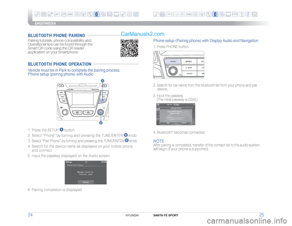 Hyundai Santa Fe Sport 2017  Quick Reference Guide MULTIMEDIA
SANTA FE SPORT
25 24
HYUNDAI 
BLUETOOTH  PHONE  OPERATION����1�S�F�T�T��U�I�F��4�&�5�6�1�
 button.
����4�F�M�F�D�U��i�1�I�P�O�F�w��C�Z��U�V�S�O�J�O�H��B�O�E��Q�S�F�T�T�J�O�H�