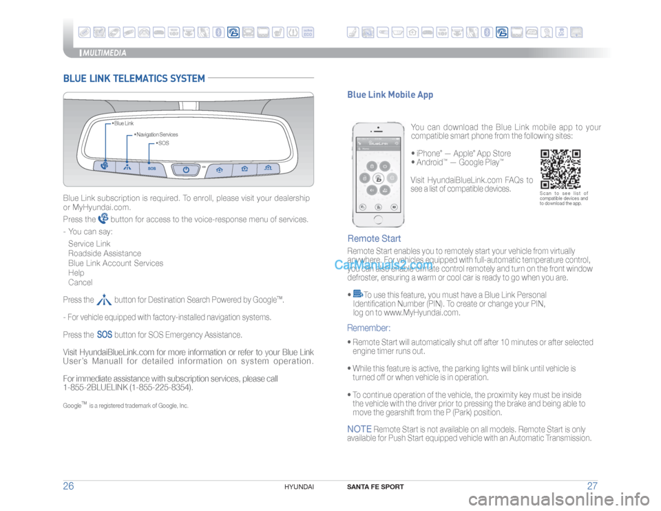 Hyundai Santa Fe Sport 2017  Quick Reference Guide MULTIMEDIA
SANTA FE SPORT
27 26
HYUNDAI 
BLUE  LINK  TELEMATICS  SYSTEM
�r��4�0�4 �r��/�B�W�J�H�B�U�J�P�O��4�F�S�W�J�D�F�T �r��#�M�V�F��-�J�O�L
Blue Link subscription is required. To enroll, plea