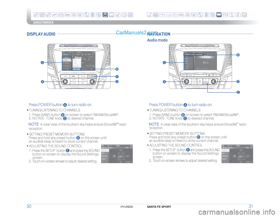 Hyundai Santa Fe Sport 2017  Quick Reference Guide MULTIMEDIA
SANTA FE SPORT
31 30
HYUNDAI 
RADIO
VOL
PWRPUSH
MEDIA
PHONE
BLUELINK
SEEK TRACK
TUNE
ENTERSETUPFILE
RADIO
VOLPWRPUSH
MEDIA NAVI
PHONE BLUELINK
SEEK
TRACK
TUNE
ENTER
SETUPMAP
VOICE
INFO
FILE