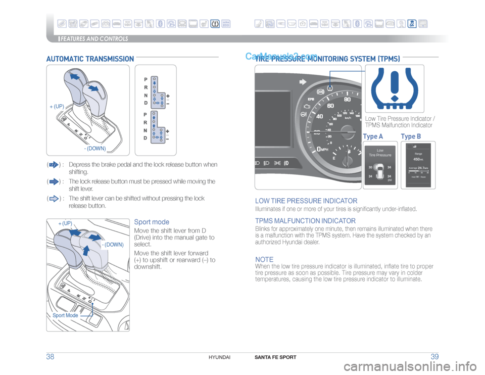 Hyundai Santa Fe Sport 2017  Quick Reference Guide FEATURES AND CONTROLS
SANTA FE SPORT
39 38
HYUNDAI 
TIRE  PRESSURE  MONITORING  SYSTEM  (TPMS)LOW TIRE PRESSURE INDICATOR Illuminates if one or more of your tires is signiﬁcantly under-inﬂated. TP