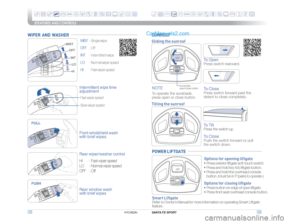 Hyundai Santa Fe Sport 2017  Quick Reference Guide FEATURES AND CONTROLS
SANTA FE SPORT
09 08
HYUNDAI 
MIST  - 
Single wipe
OFF - 
Off
INT - 
Intermittent wipe
LO - 
Normal wiper speed
HI -
 Fast wiper speed
WIPER  AND  WASHER
Front windshield wash 
w