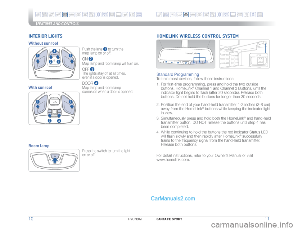 Hyundai Santa Fe Sport 2017  Quick Reference Guide FEATURES AND CONTROLS
SANTA FE SPORT
11 10
HYUNDAI 
HOMELINK  WIRELESS  CONTROL  SYSTEM
Home Link
Standard Programming To train most devices, follow these instructions:
1.  For ﬁrst-time programming