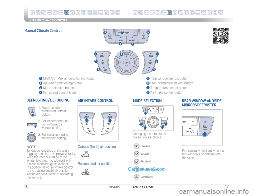 Hyundai Santa Fe Sport 2017  Quick Reference Guide FEATURES AND CONTROLS
SANTA FE SPORT
17 16
HYUNDAI 
AIR  INTAKE  CONTROL DEFROSTING / DEFOGGING
2.  Set the temperature 
control towards 
warmer setting.3.  Set the fan speed to 
  the highest setting