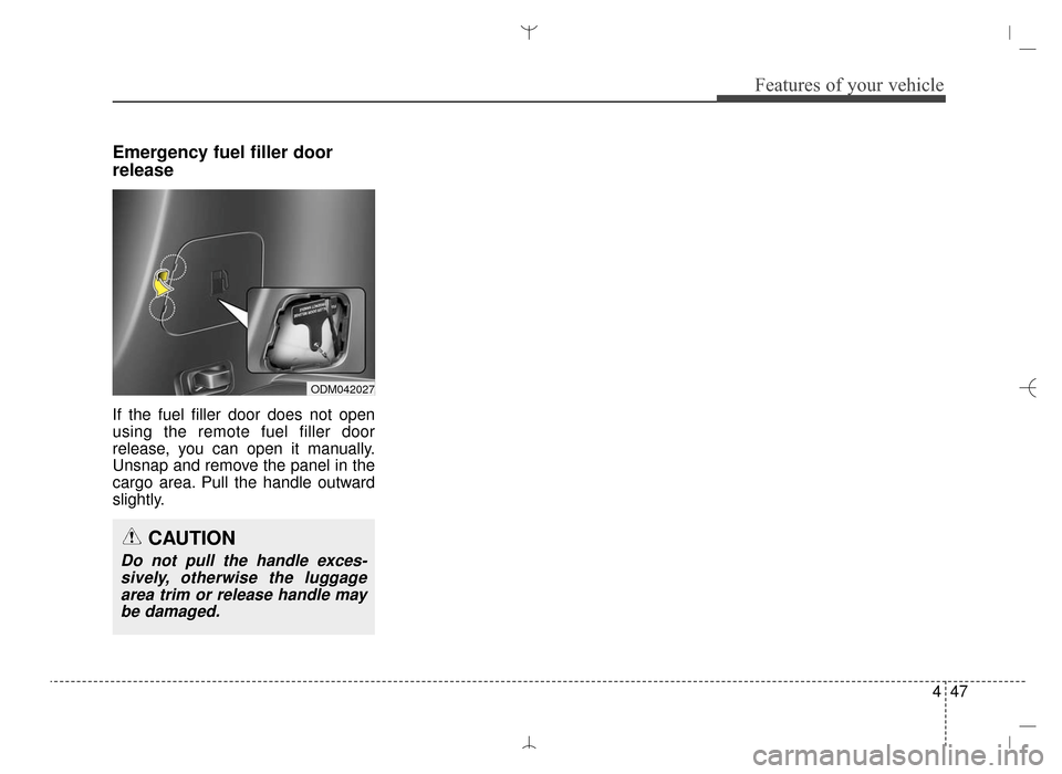 Hyundai Santa Fe Sport 2016 Owners Manual 447
Features of your vehicle
Emergency fuel filler door
release
If the fuel filler door does not open
using the remote fuel filler door
release, you can open it manually.
Unsnap and remove the panel i Hyundai Santa Fe Sport 2016 Owners Manual 447
Features of your vehicle
Emergency fuel filler door
release
If the fuel filler door does not open
using the remote fuel filler door
release, you can open it manually.
Unsnap and remove the panel i