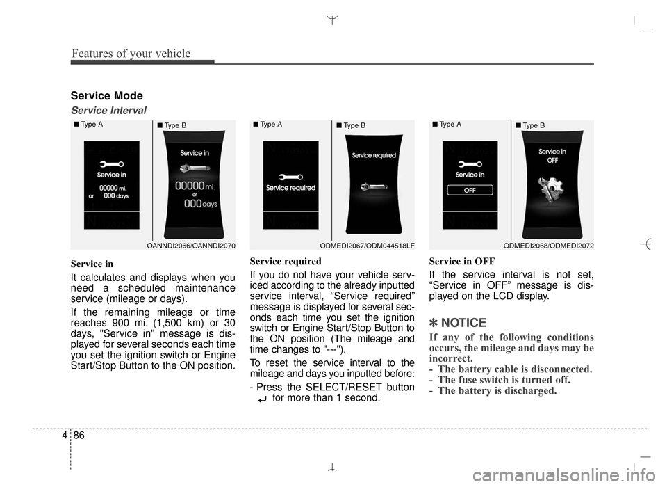 Hyundai Santa Fe Sport 2016  Owners Manual Features of your vehicle
86
4
Service Mode
Service Interval
Service in
It calculates and displays when you
need a scheduled maintenance
service (mileage or days).
If the remaining mileage or time
reac